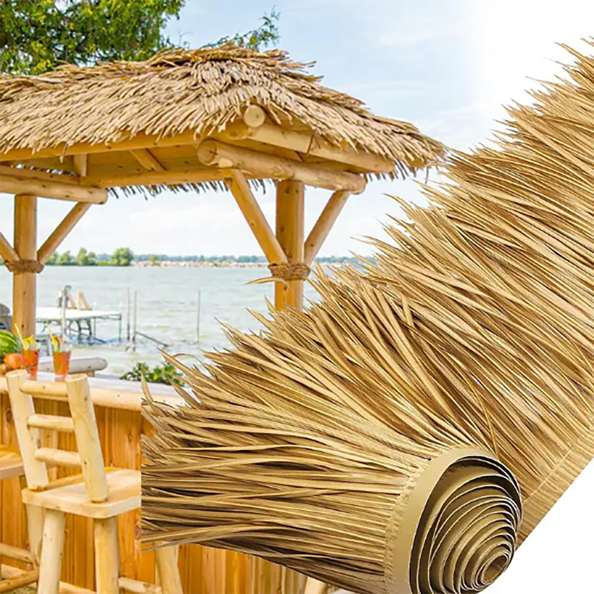 LIUNI Artificial thatch Roofing roll Garden Tiki bar Straw roof thatch roll Artificial Palm roof Leaves for Fencing decking Patio Umbrella Fence Party Decoration(Size:9m/29.5ft,Color:Green)