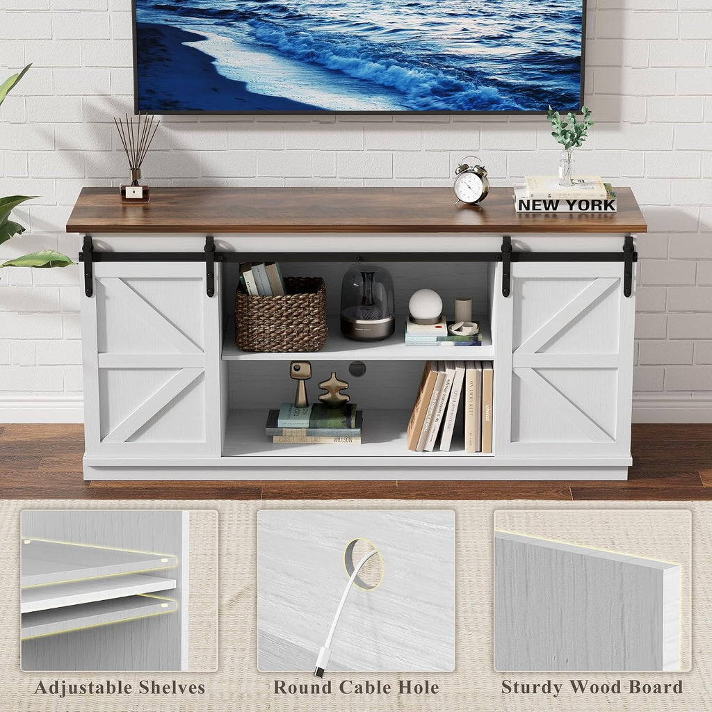 YESHOMY 58" Farmhouse TV Stand for TVs up to 65", Sliding Barn Doors, White