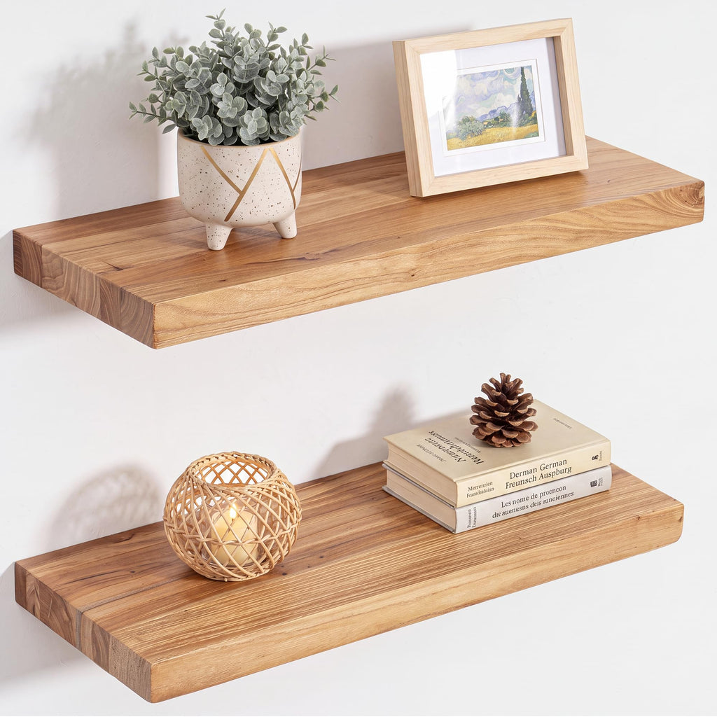 Live Edge Elm Floating Shelves - 24 In Rustic Solid Wood Shelves with Heavy-Duty Invisible Bracket, Wall-Mounted Wooden Shelf for Living Room, Bathroom, Kitchen Storage & Display, Set of 2, Natural