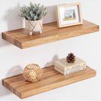 Live Edge Elm Floating Shelves - 24 In Rustic Solid Wood Shelves with Heavy-Duty Invisible Bracket, Wall-Mounted Wooden Shelf for Living Room, Bathroom, Kitchen Storage & Display, Set of 2, Natural