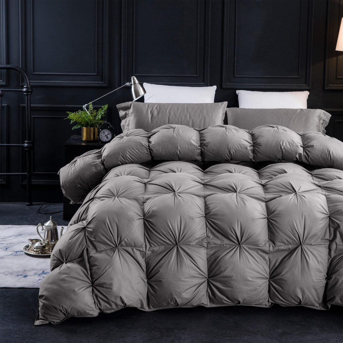 Three Geese Pinch Pleat Waterfowl Feathers and Down Comforter Queen Size Duvet Insert, 1200TC 100% Cotton Fabric, Premium All Seasons BlackGrey Warm Hotel Comforter with 8 Tabs.