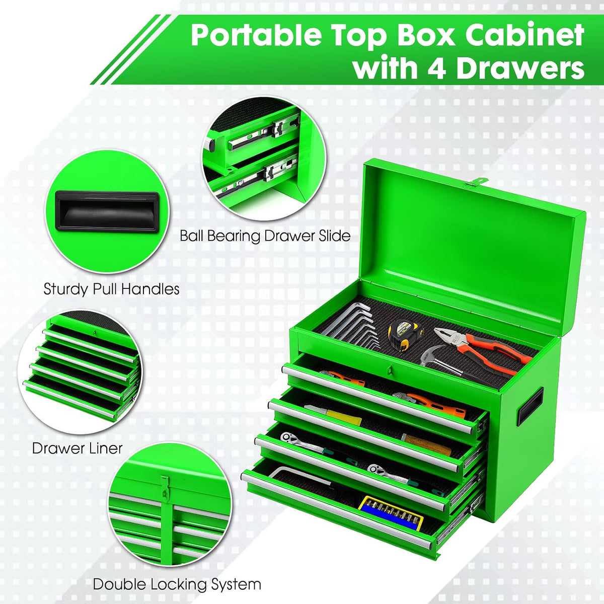 5-Drawer Rolling Tool Chest with Detachable Tool Box, Lockable Wheels, 4 Hooks, and Liner, Heavy-Duty Metal Tool Cart for Garage and Workshop Storage, Green