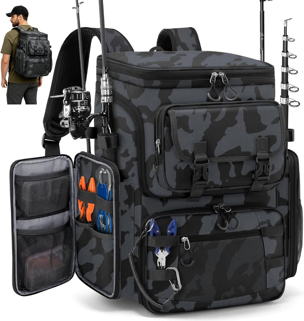 RAINSMORE Fishing Backpack, 45L Large Water-resistant Fishing Tackle Bag