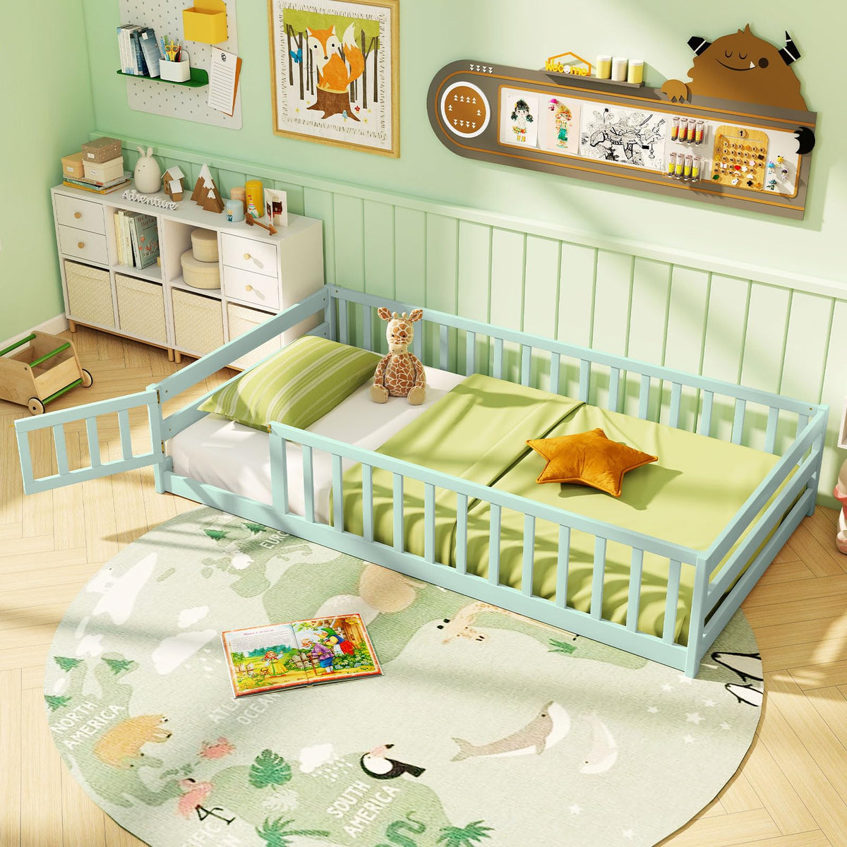 GIANTEX Full Size Floor Bed for Kids, Wooden Montessori Bed Frame with Bookcase, Storage Shelves & Safety Fence Rails, Floor Beds Full for Girls, Boys, No Box Spring Needed, Without Slats, Natural