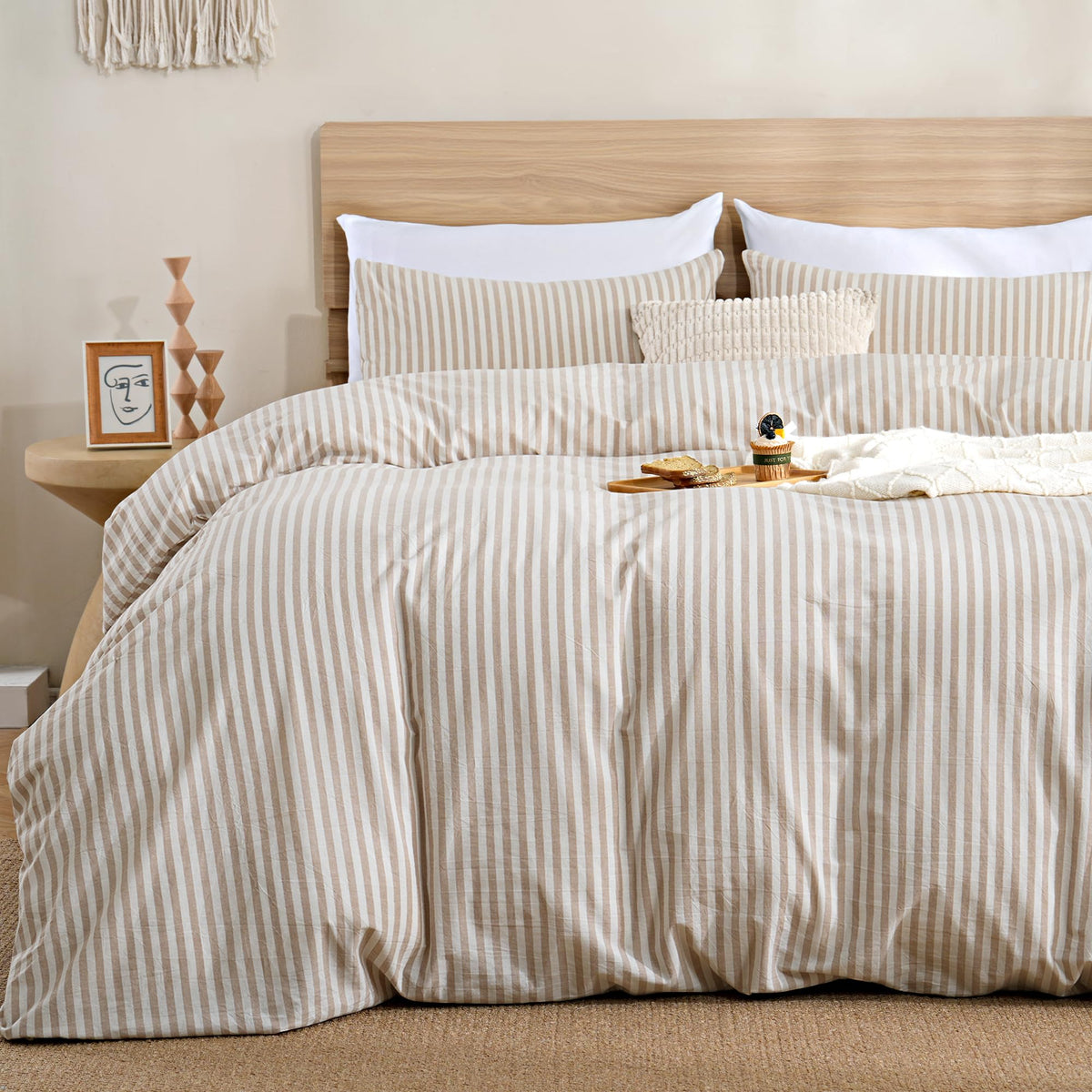 TOCOMOA Tan Gingham Duvet Cover Set Washed Cotton Like Linen, Cal King