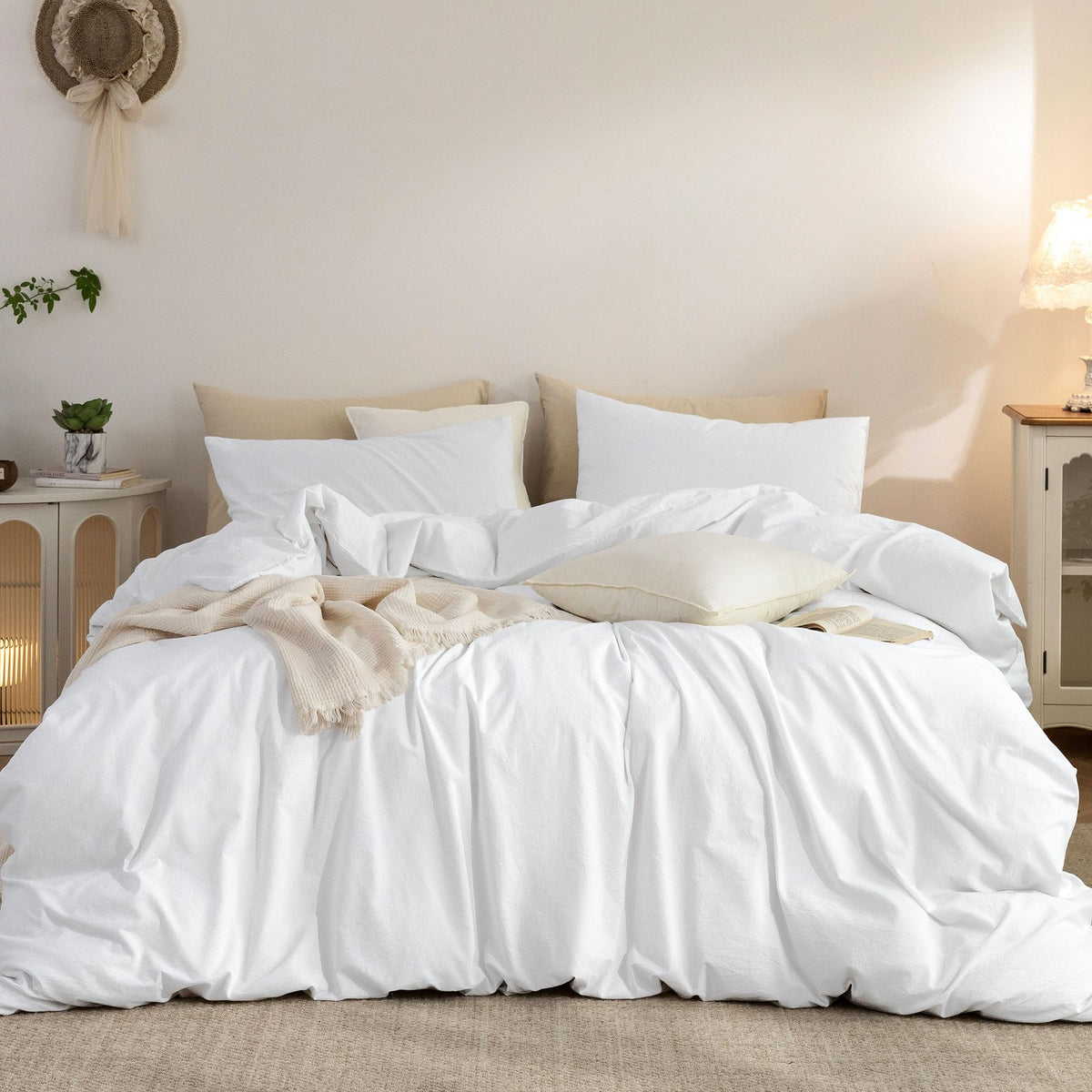 Duvet Cover Set Washed Cotton Embroidered Hem King 3‑Pcs