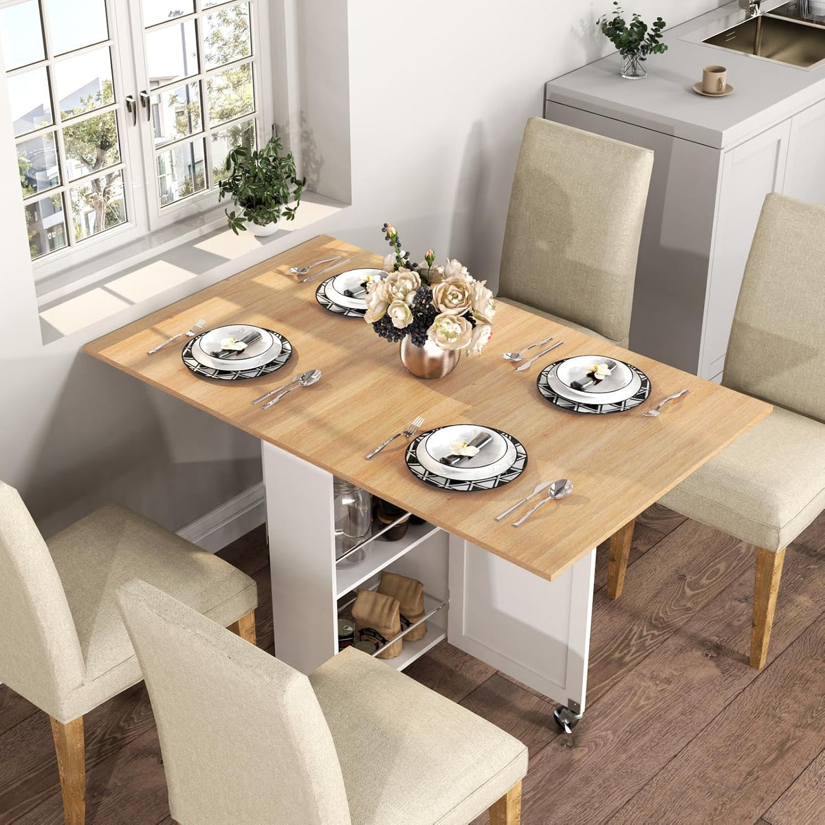 Folding Dining Table, Space Saving Kitchen Table with 6 Wheels(Light Brown)