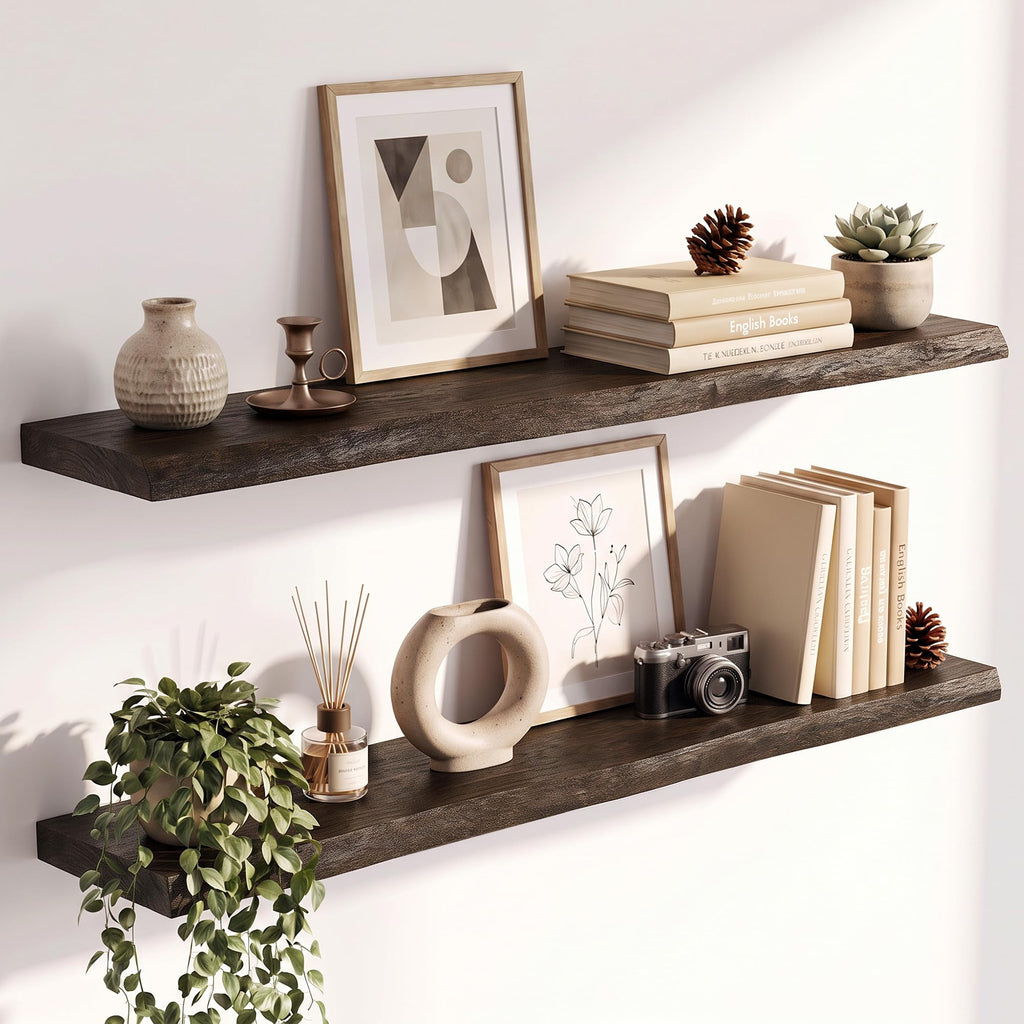 Live Edge Elm Floating Shelves - 24 In Rustic Solid Wood Shelves with Heavy-Duty Invisible Bracket, Wall-Mounted Wooden Shelf for Living Room, Bathroom, Kitchen Storage & Display, Set of 2, Natural