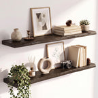 Live Edge Elm Floating Shelves - 24 In Rustic Solid Wood Shelves with Heavy-Duty Invisible Bracket, Wall-Mounted Wooden Shelf for Living Room, Bathroom, Kitchen Storage & Display, Set of 2, Natural