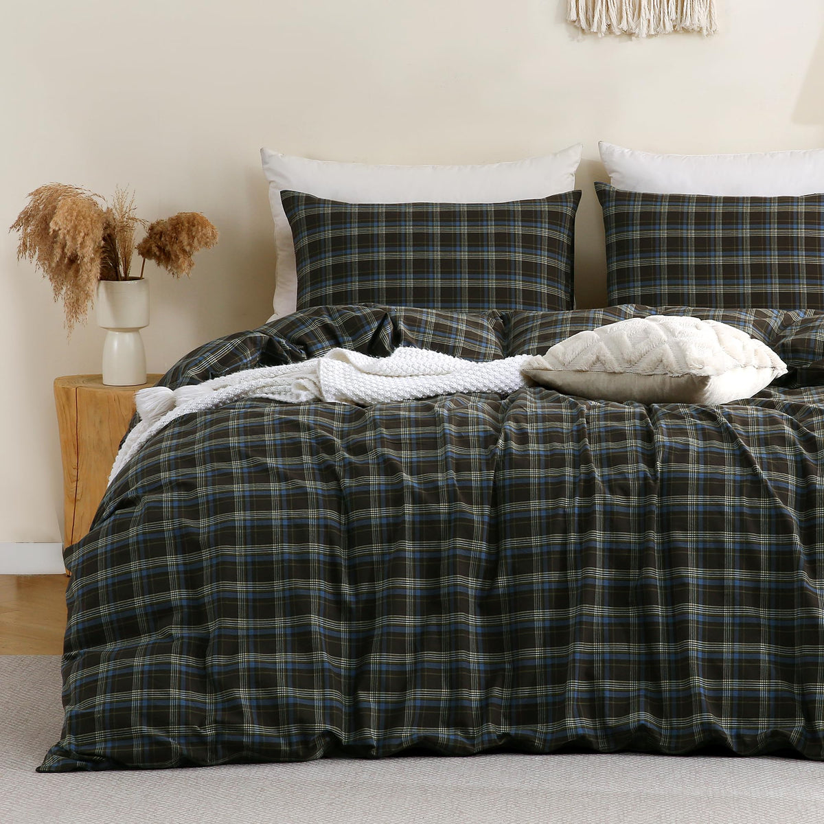 TOCOMOA Tan Gingham Duvet Cover Set Washed Cotton Like Linen, Cal King