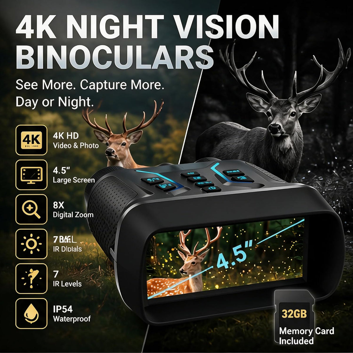 4K Night Vision Binoculars HD Night Vision Device with 32GB Card, Cardless