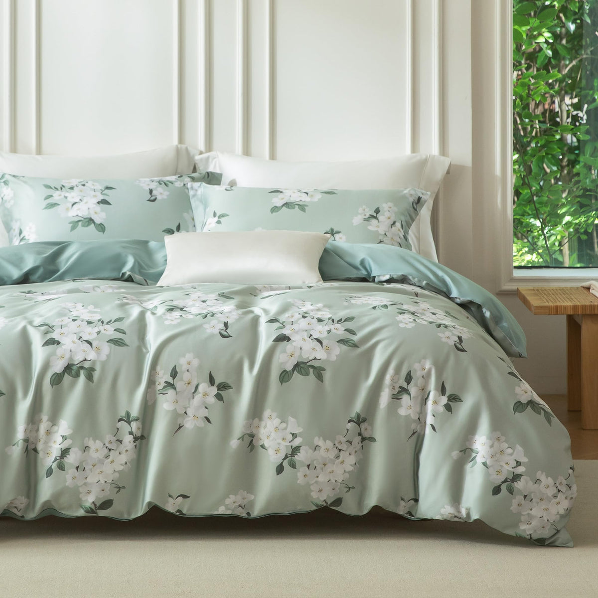 MILDLY White Floral Green Leaves Luxury Duvet Cover Set 3pcs King