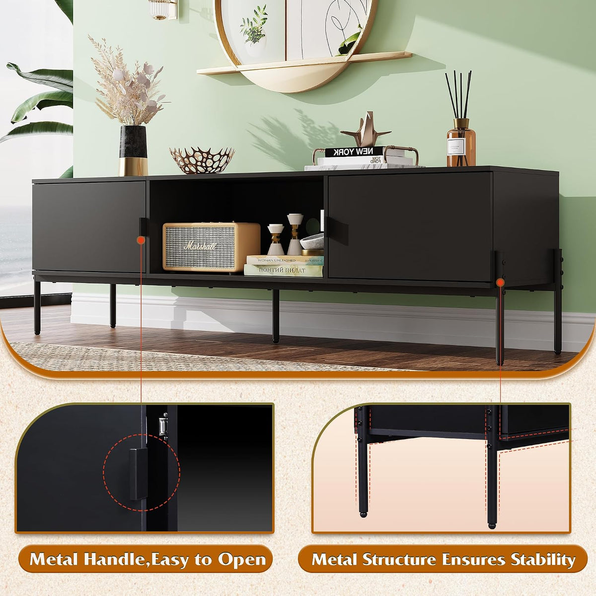WLIVE 58" TV Stand for 65 Inch TVs, Black Media Console with Metal Legs