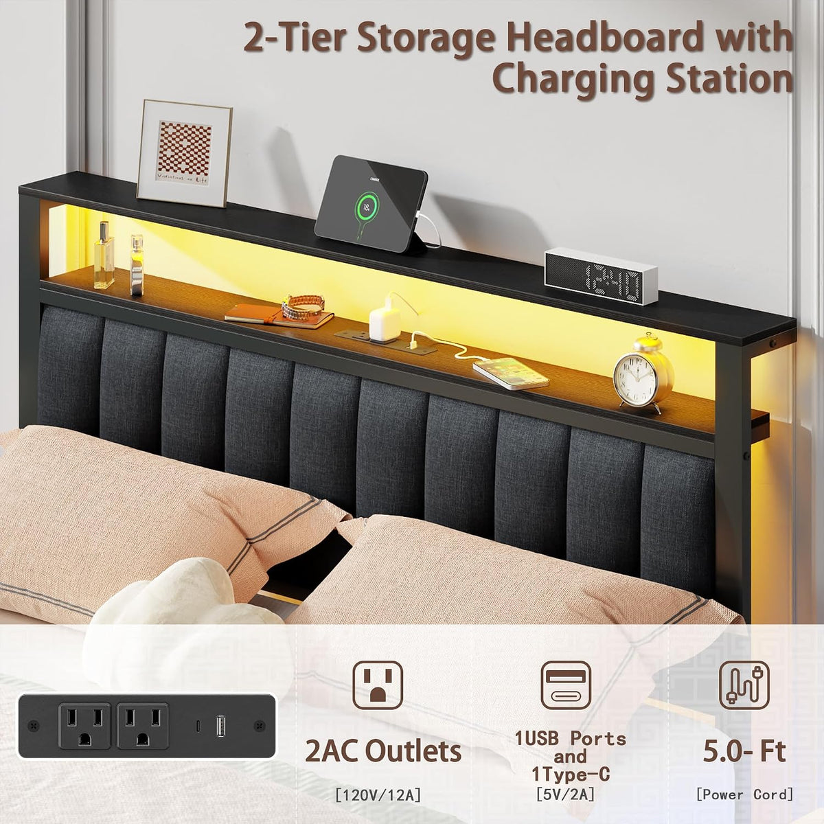 Furnulem Queen Bed Frame with Storage Drawers and Upholstered Headboard