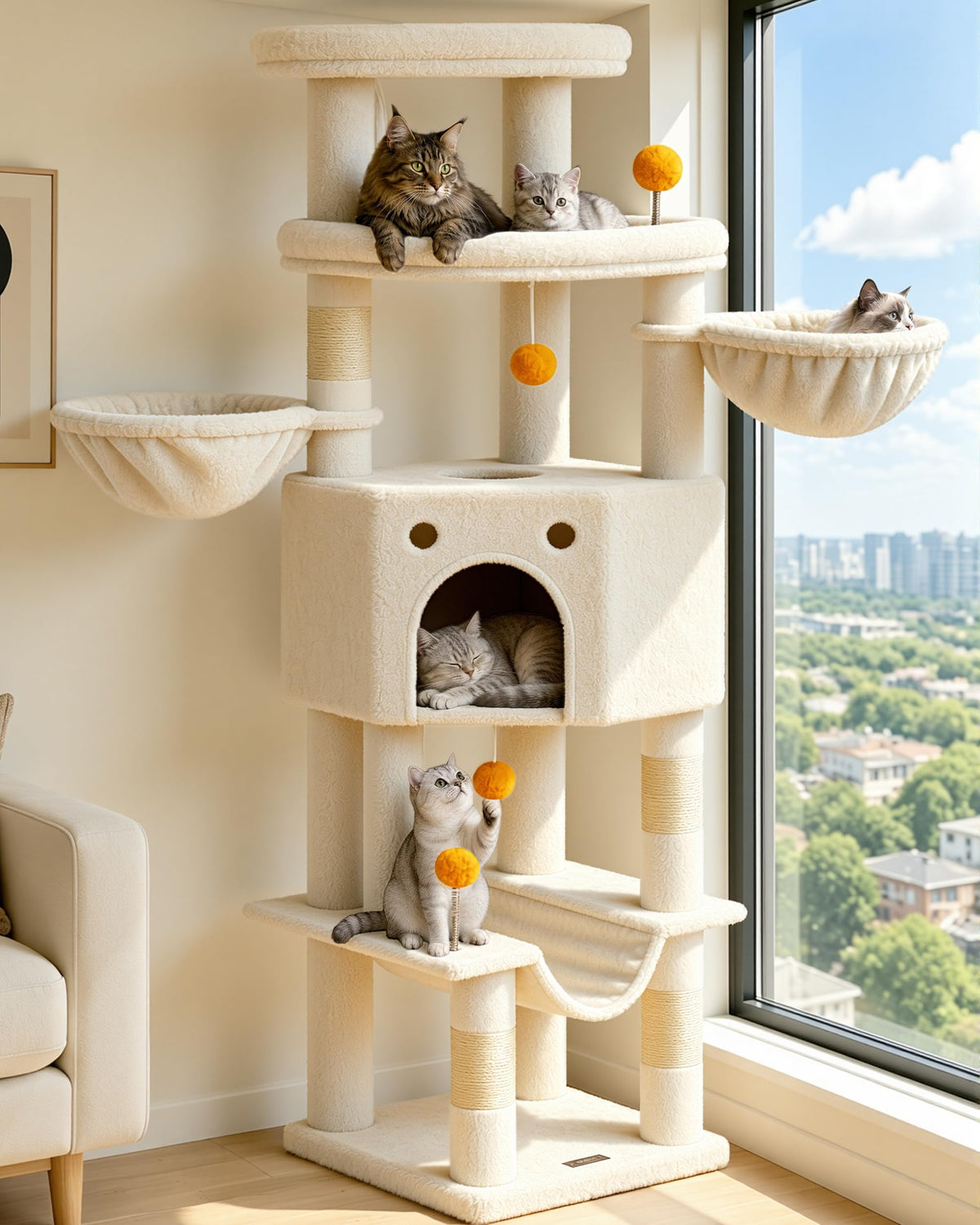 Cat Tree Tower for Indoor Large Adult Cats, 73in Tall Heavy Duty with Perch