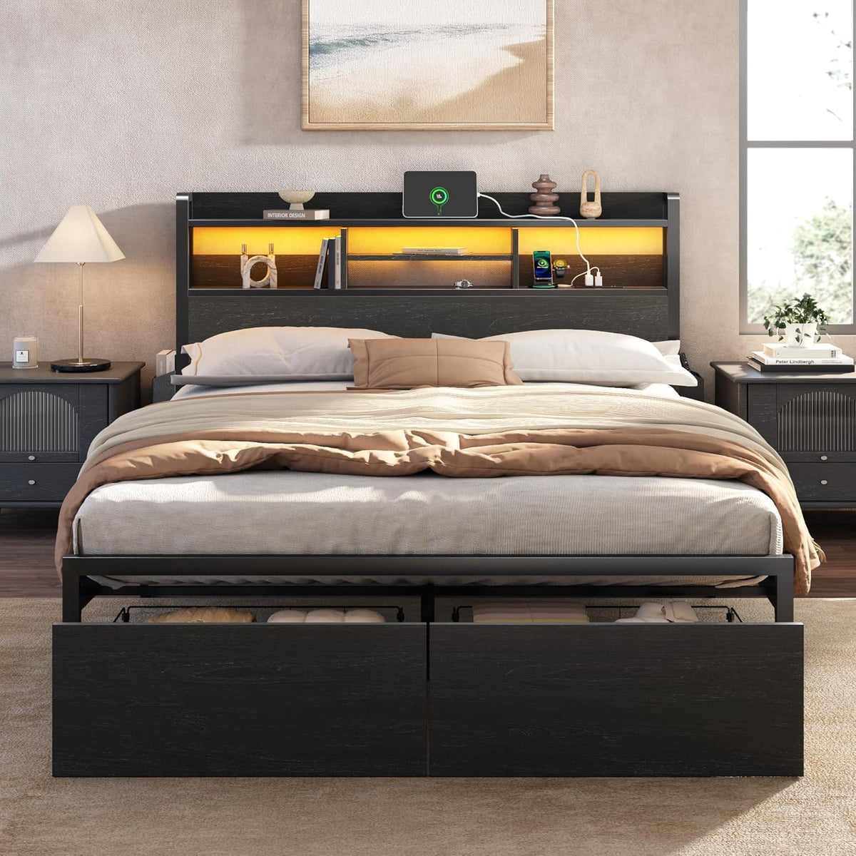 Furnulem Full Size Bed Frame with Headboard and Charging Station,2 Drawers