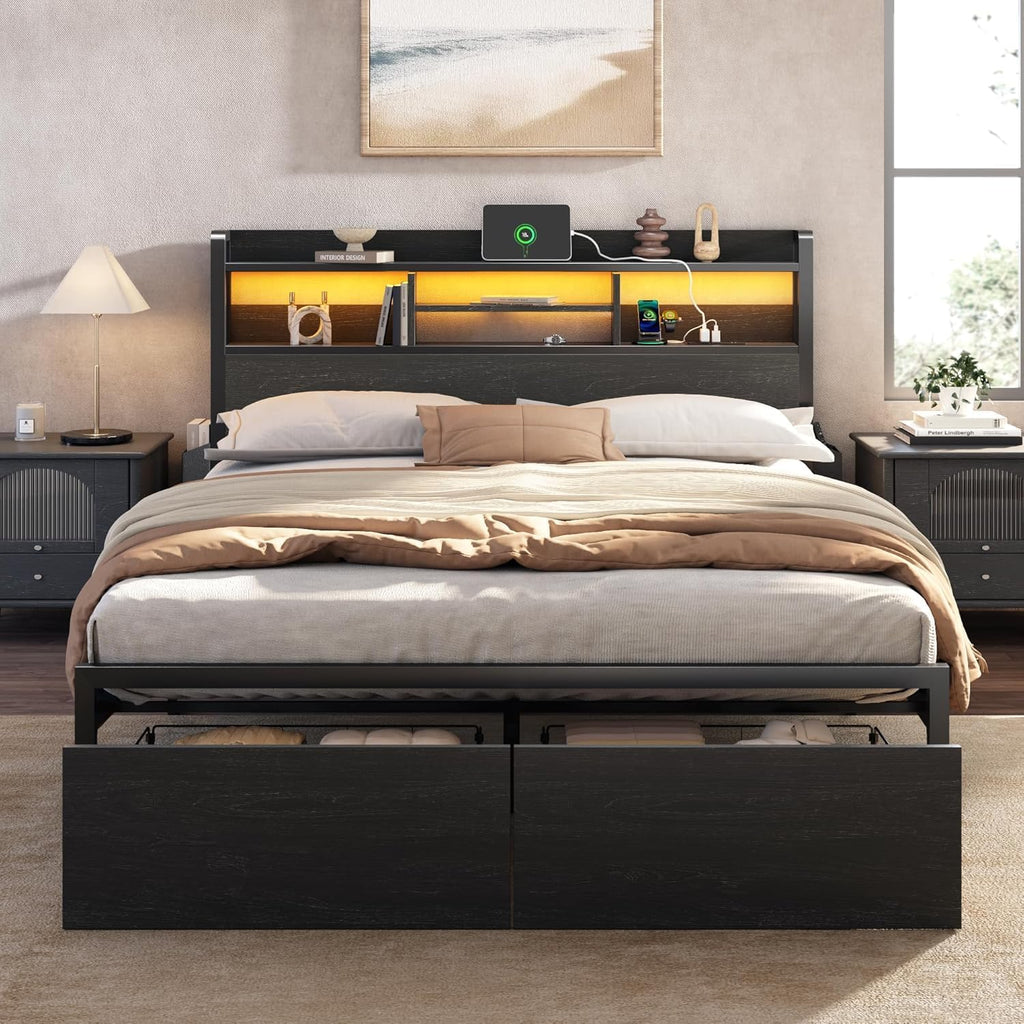 Furnulem Full Size Bed Frame with Headboard and Charging Station,2 Drawers