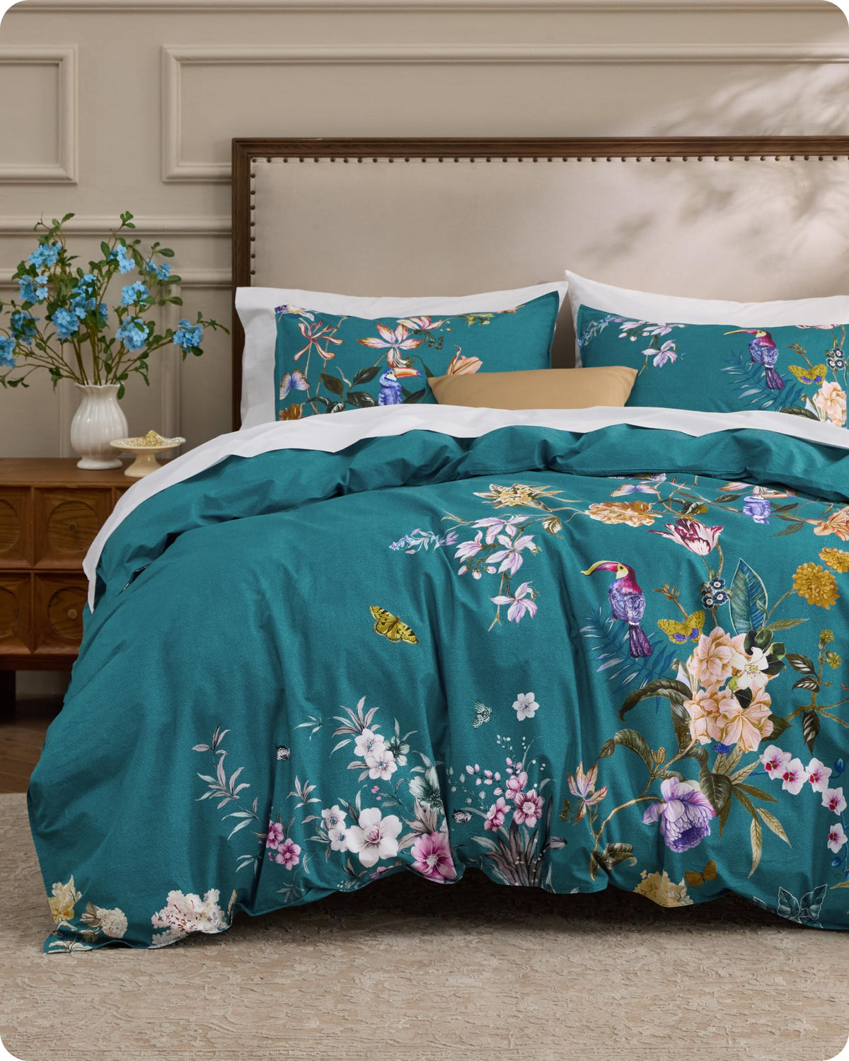 Bedsure PureWoven 100% Cotton Floral Duvet Cover Set, King, Light Blue