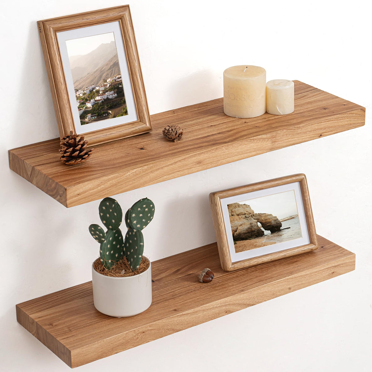 Floating Shelves for Wall, Solid Elm Wood Shelves, 24in Set of 2, Natural