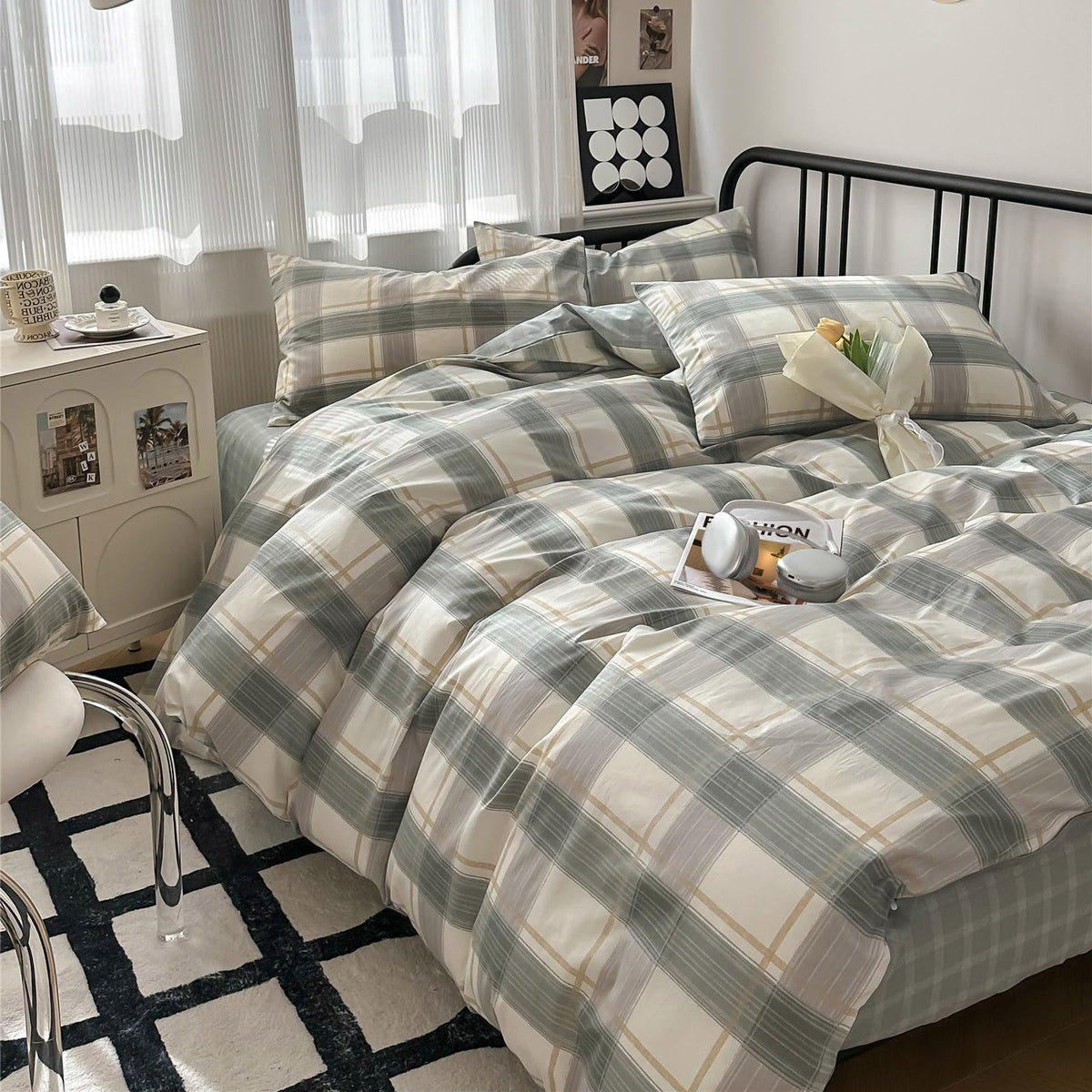 mixinni Vintage Buffalo Plaid Duvet Cover Set Queen Size - 3 Piece Washed Cotton Bedding Set with Grid Pattern, Soft & Breathable Duvet Cover with Pillowcases for All Seasons,(Brown & Blue,Beige)