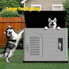 XLarge Durable Plastic Dog House for Big Dogs - Indoor Outdoor Double-Layer Insulated Doghouse with Open-Top Cover, Lockable SlidingDoor, Elevated Floor (46''L*38''W*39''H)