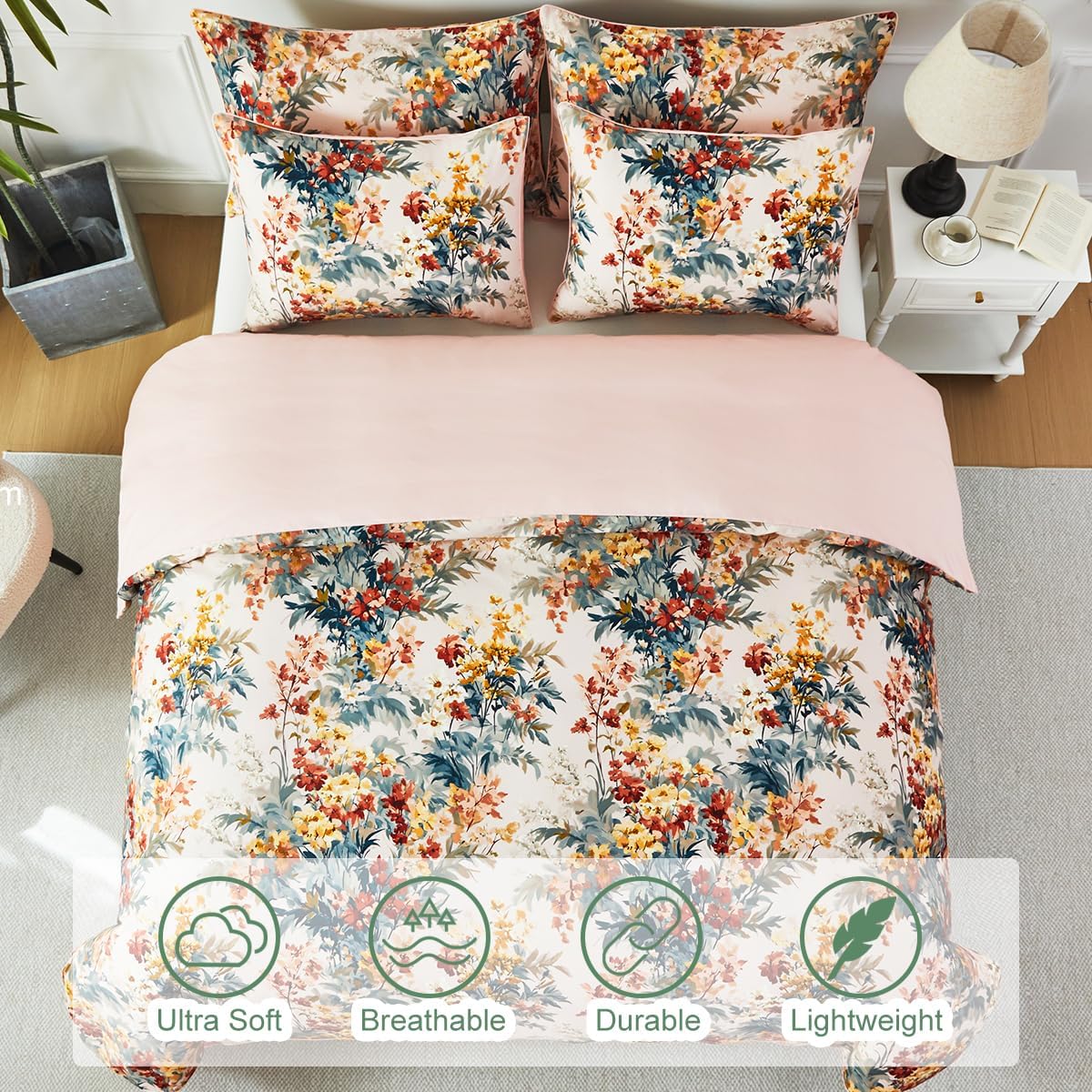 URBONUR 100% Cotton Floral Queen Duvet Cover Set 3-Pieces Botanical Bedding