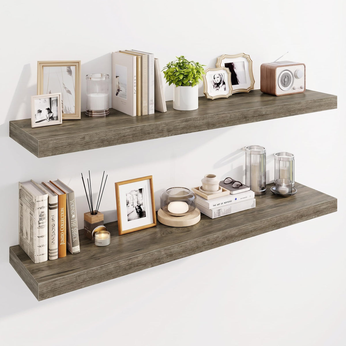 Marsmiles 55" Floating Shelves for Wall, Wooden Shelves with Invisible Brackets Set of 2, Rustic Farmhouse Wall Mounted Shelf for Kitchen Bathroom Living Room Study, White