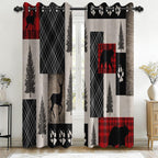 Rustic Farmhouse Cabin Blackout Curtains for Living Room, 96 Inch Long 2 Panels, Woodland Animal Bear Deer Curtains, Retro Country Style Patchwork Plaid Bedroom Window Drapes Treatment