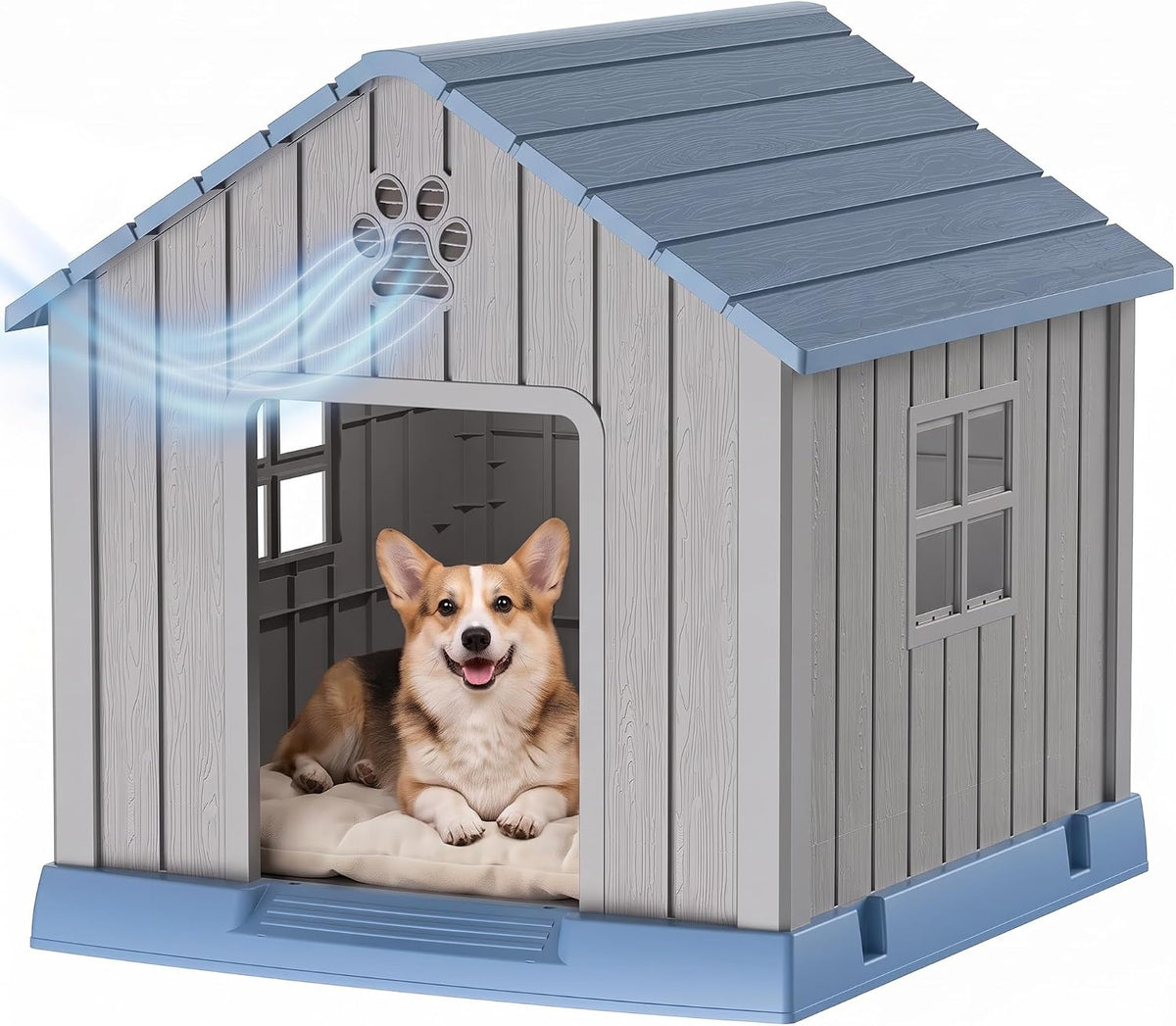 35 Inch Dog House Outdoor with Windows,Indoor/Outdoor,Blue