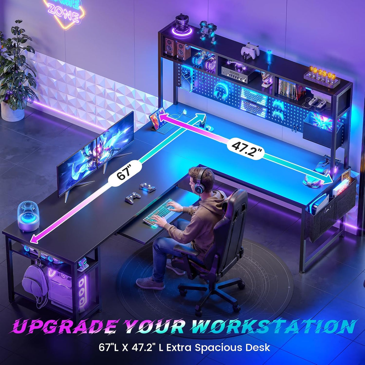 SEDETA 67" L Shaped Gaming Desk with Pegboard LED Lights and Power Outlet