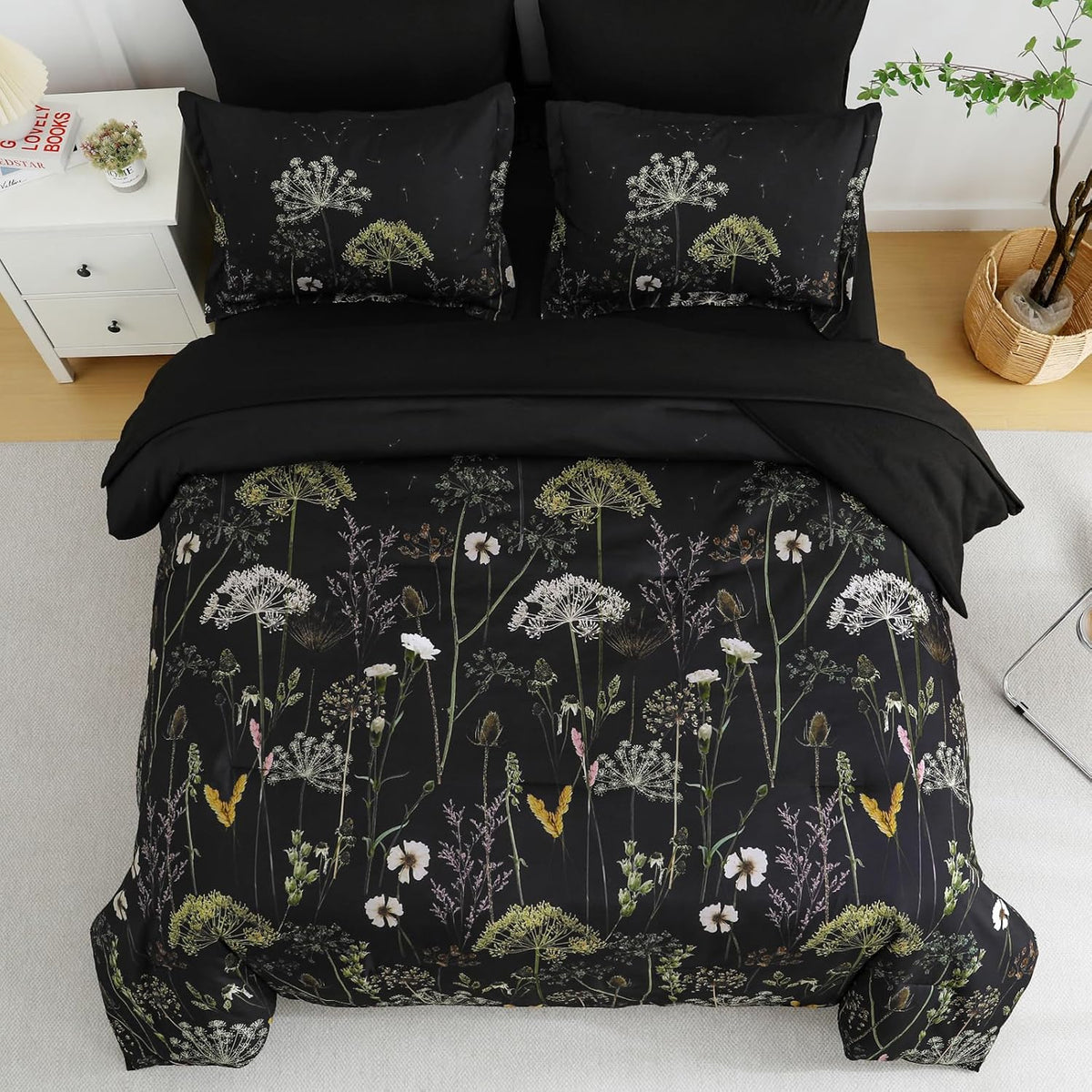 Yiran Black California King Comforter Set, 7 Pieces Floral Bed in a Bag