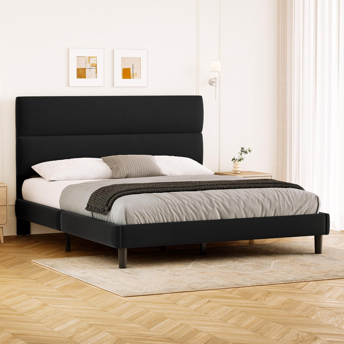 GRUSIGN King Size Platform Bed Frame with Velvet Headboard, Adjustable Height Wooden Slats Support, Upholstered Mattress Foundation, Fits Mattress or Mattress with Box Spring, Easy Assembly, Beige