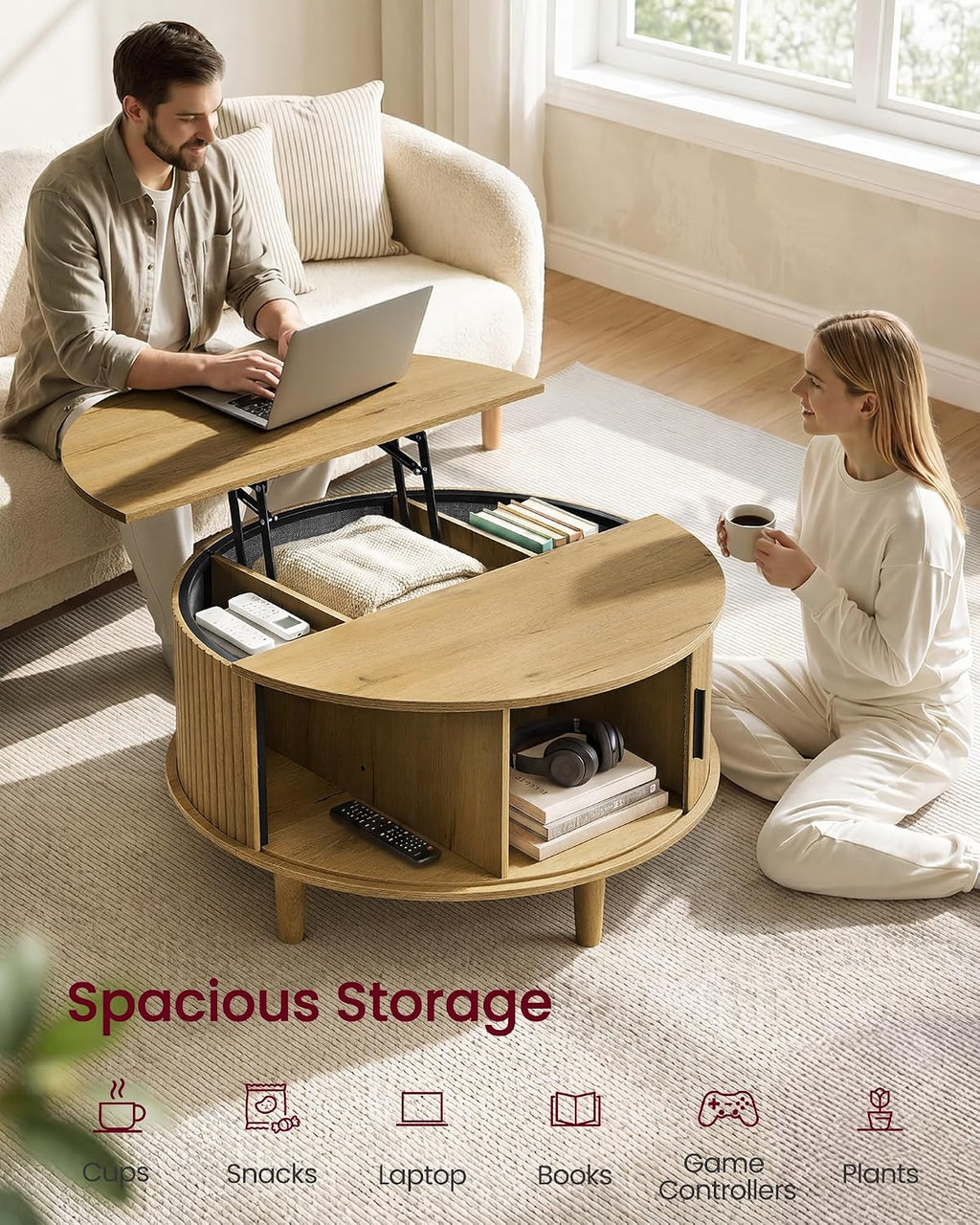 VASAGLE Round Coffee Table, Lift Top Coffee Table with Tambour Sliding Door