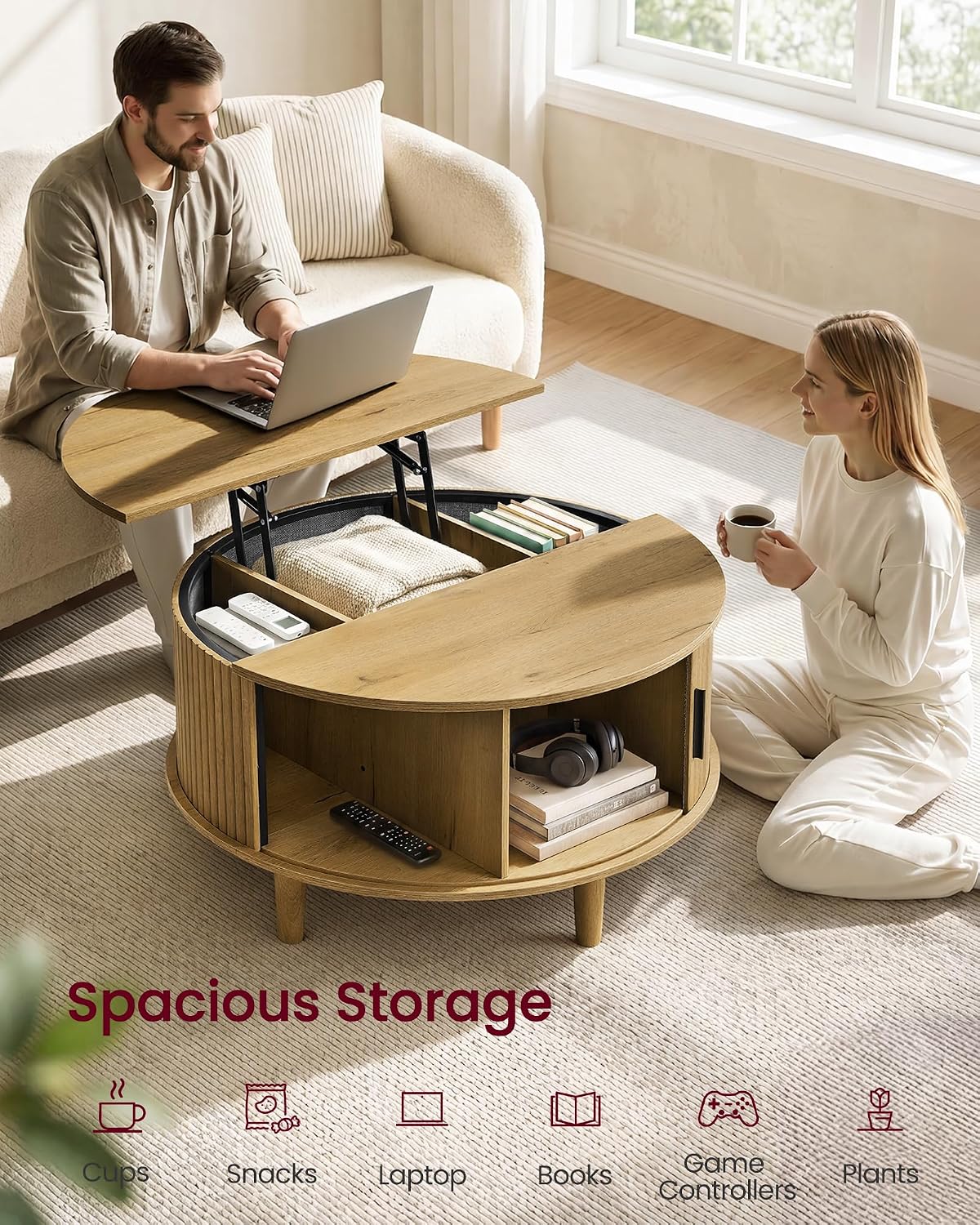 VASAGLE Round Coffee Table, Lift Top Coffee Table with Tambour Sliding Door