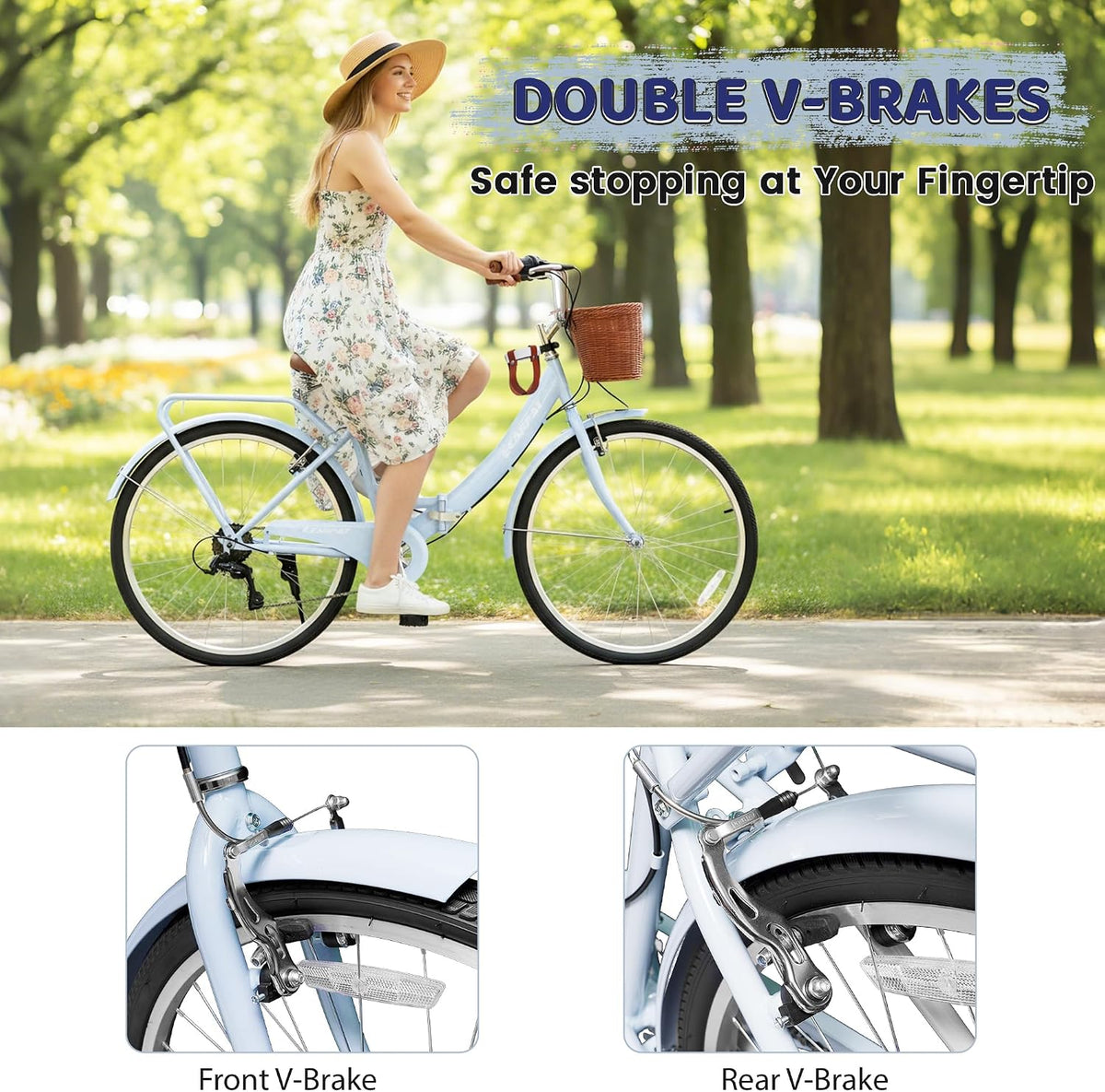 Ecarpat 26 Inch Folding Beach Cruiser Bike for Women, 7 Speed Comfortable City Bike with Rear Rack, Cup Holder and Basket, Steel Frame Commuter Foldable Bicycle with Dual V-Brakes for Adults