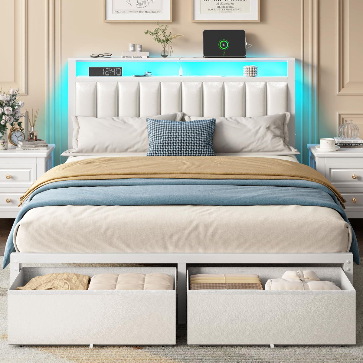 Furnulem Twin Bed Frames with Storage Drawers and Upholstered Headboard