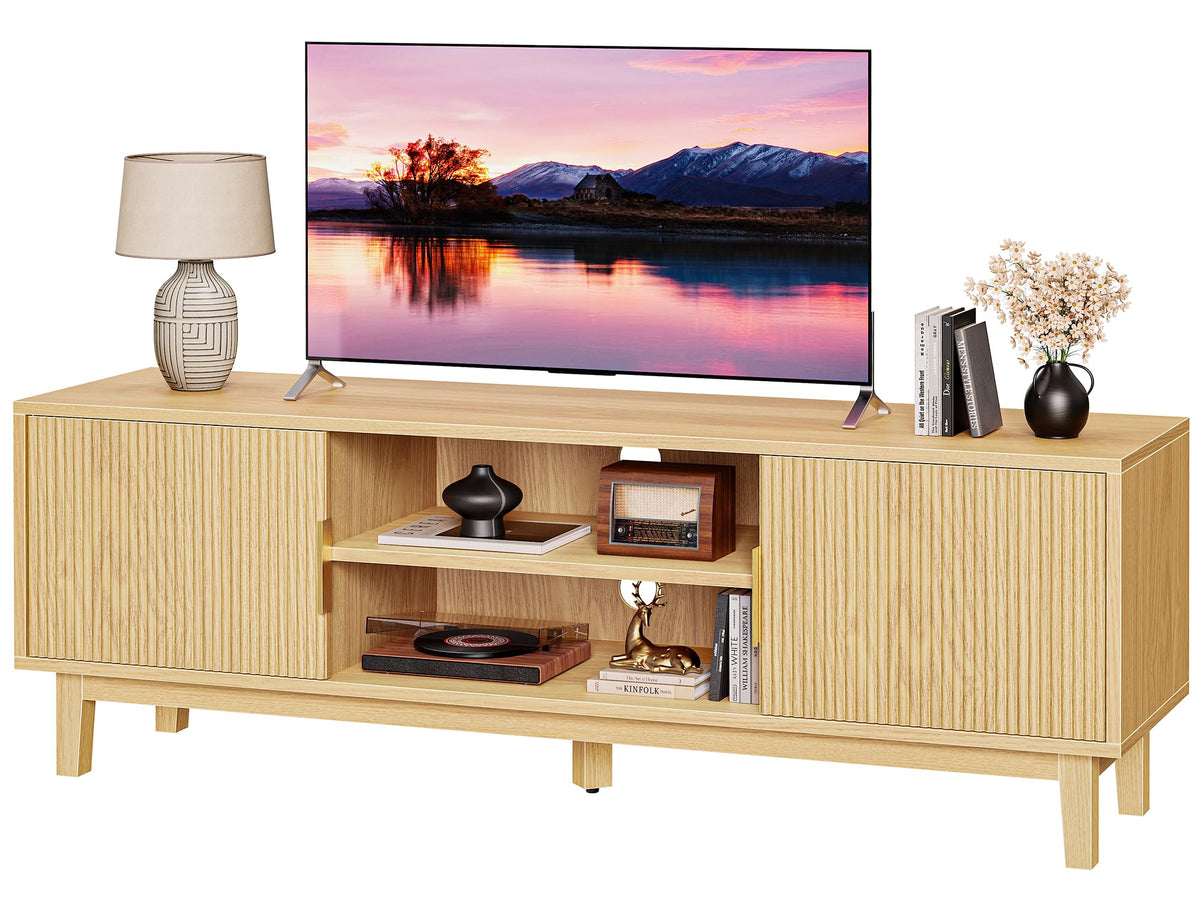 PRAISUN 54 Inch Fluted TV Stand for TVs Up to 55, 60 Inch, Mid Century Modern Entertainment Center with Storage, TV Console with Adjustable Shelves, Media Console for Living Room Bedroom, Brown