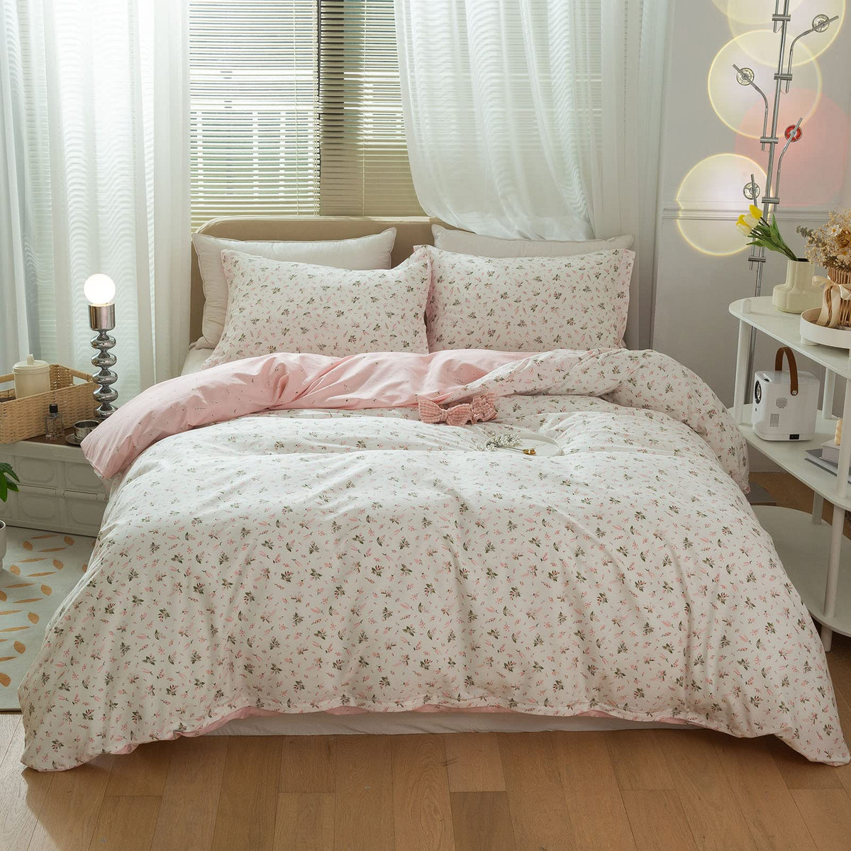 Floral Duvet Cover Set Muslin Cotton Queen(90"x90"),Pink Flower