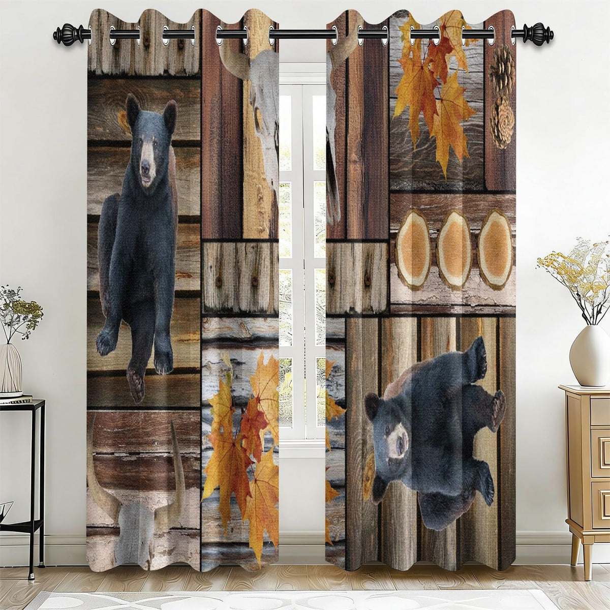 Rustic Woodland Blackout Curtains 108 Inch Long 2 Panels, Buffalo Plaid Patchwork Wildlife Bear Deer Silhouette Pine Grommet Drapes, Thermal Insulated Window Treatments for Living Room