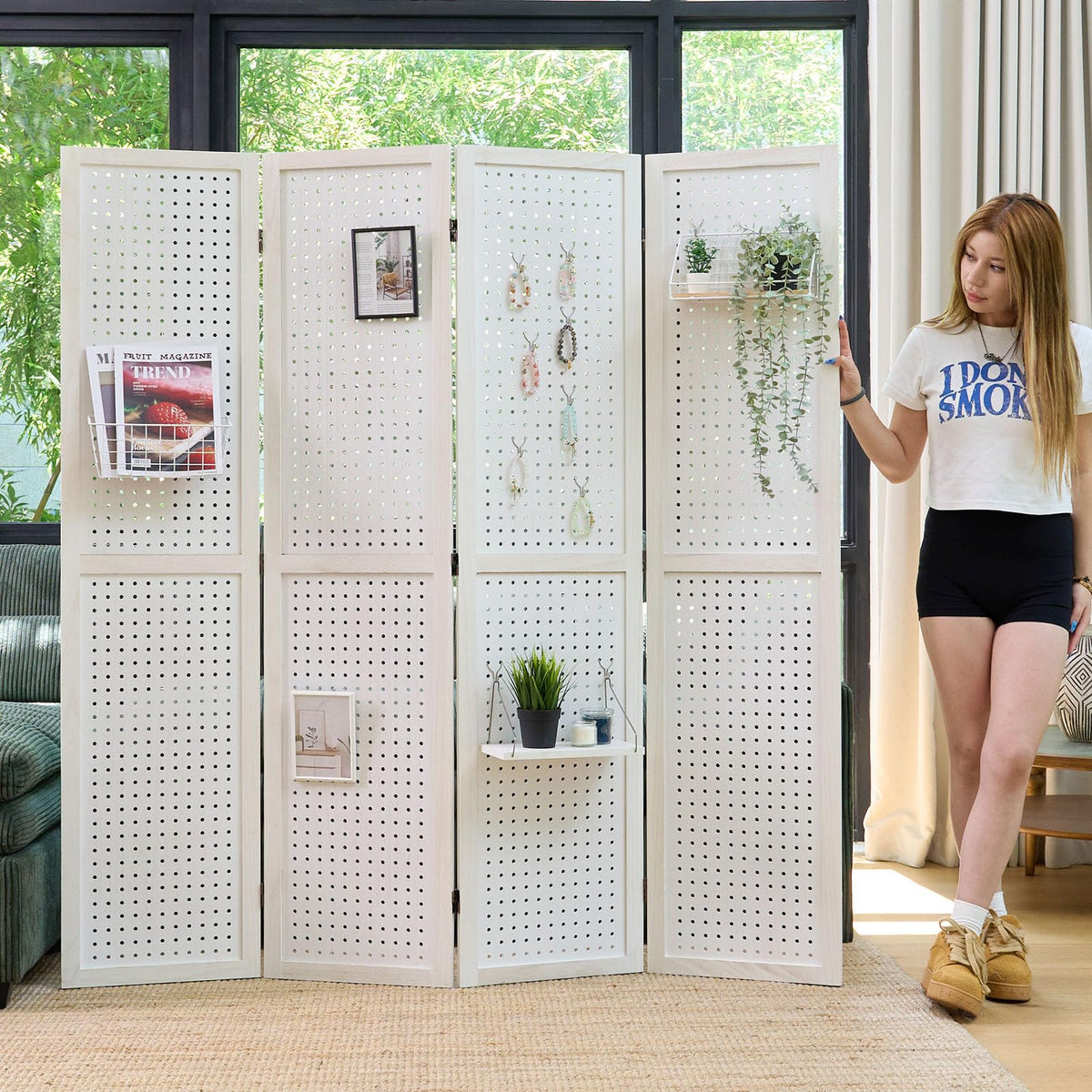 Pegboard Display, 5.6Ft Portable Freestanding Wall Organizer Wooden Room Divider Folding Privacy Screens for Craft Art Display Board (6 Panels, Natural)