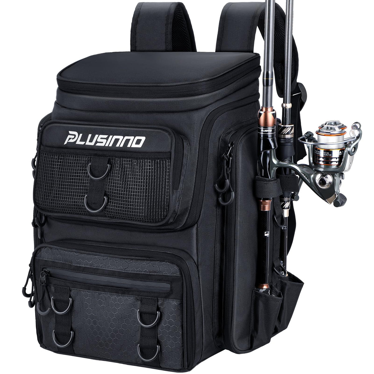 PLUSINNO Fishing Backpack with Fishing Net,42L Waterproof tackle Backpack with Tackle Boxes,Fishing Gear,Lures,Tools,Pliers & Accessories, Fishing Gifts for Men
