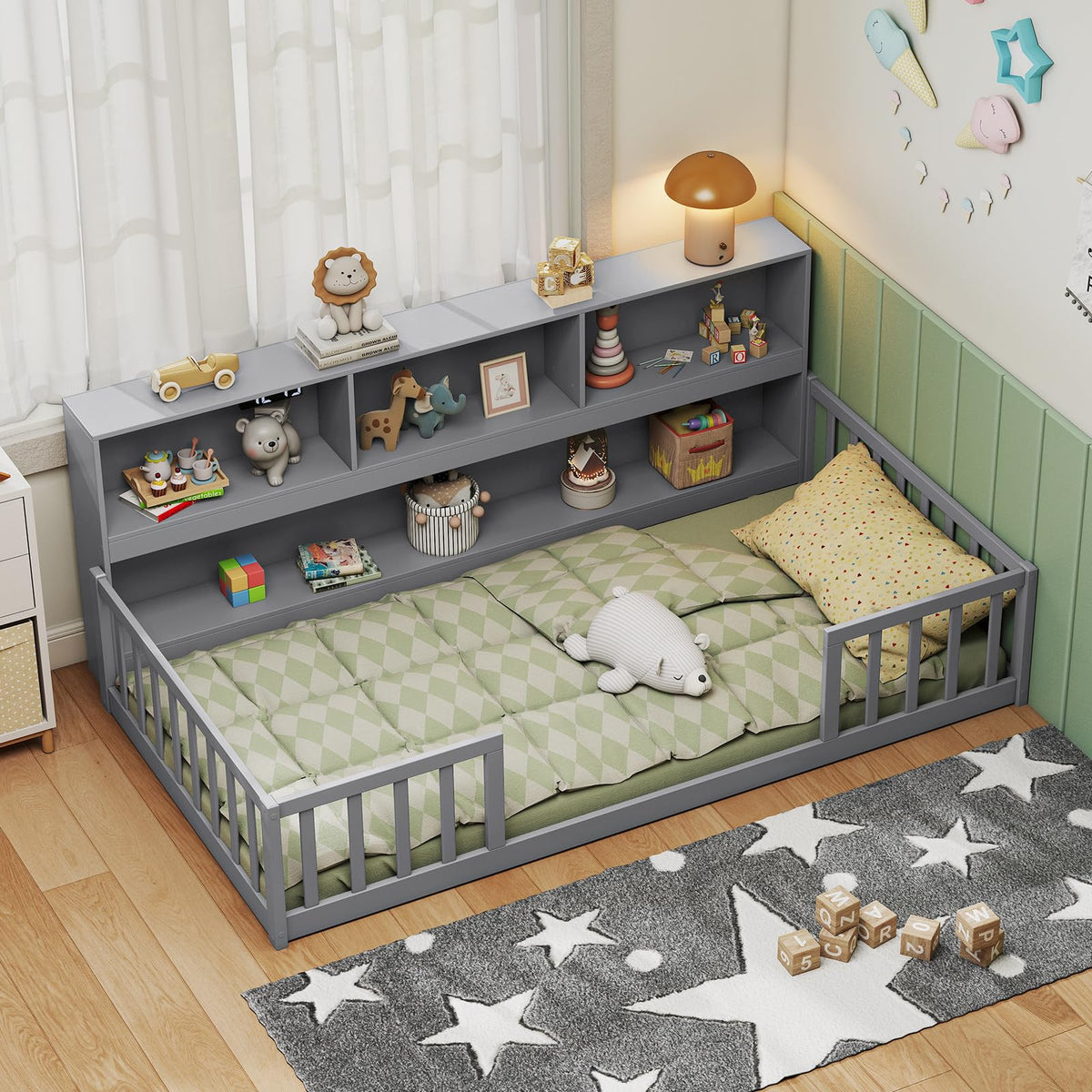 GIANTEX Twin Floor Bed with Fence for Kids, Wooden Montessori Bed Frame with Lockable Door & Guardrails, Low Floor Beds for Kids, Boys, Girls, No Box Spring Needed, Without Wood Slats, White