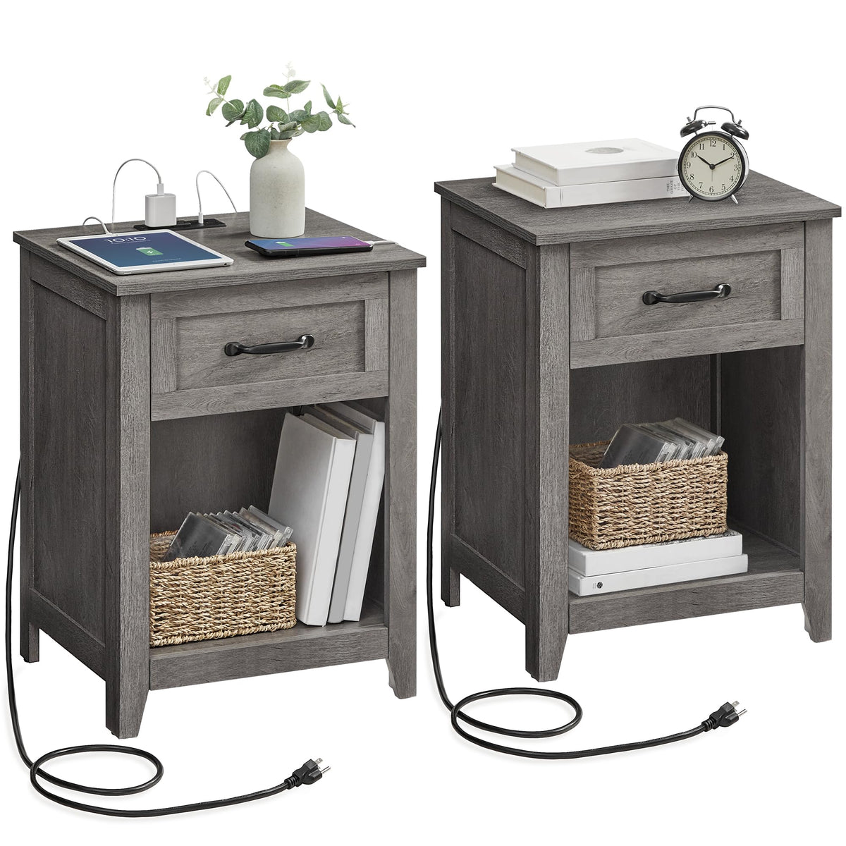 VASAGLE Farmhouse Nightstands with Charging Station, 1 Drawer, Set of 2