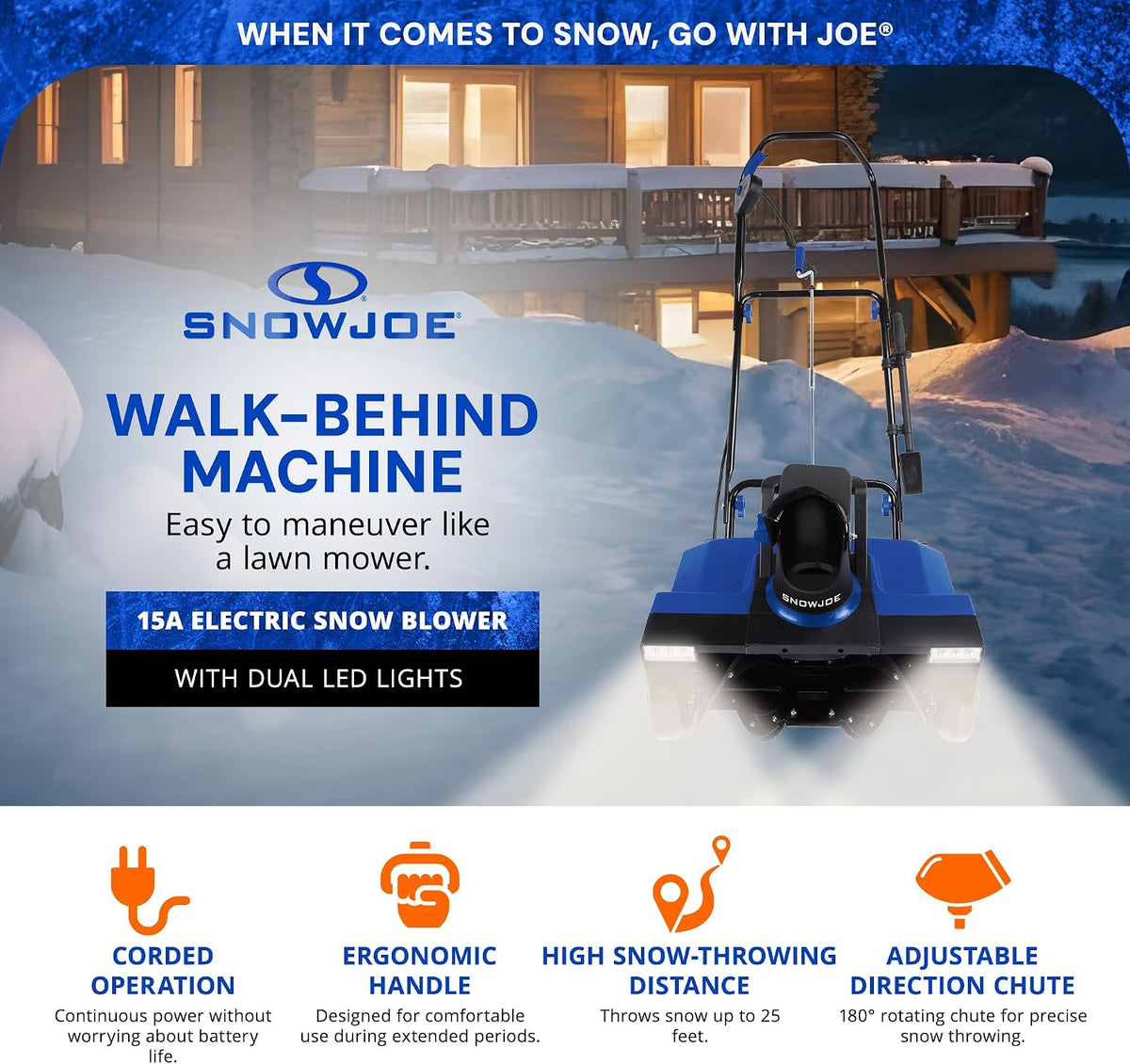 Snow Joe Corded Electric Snow Blower, 22 Clearing Path, Dual LEDs, SJ627E