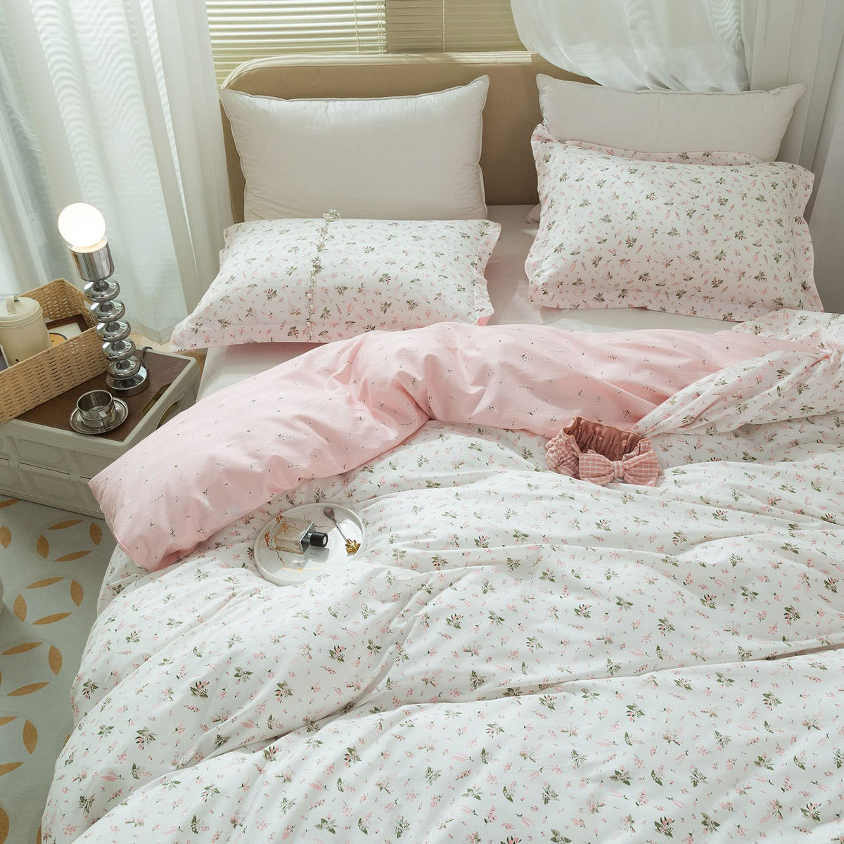 LifeTB Green Floral 100% Jersey Knit Cotton Duvet Cover Queen Vintage Style Botanical Floral Bedding Set Chic Shabby Green Floral Comforter Cover Girl Women Flower Bedding Cover with 2 Pillowcases