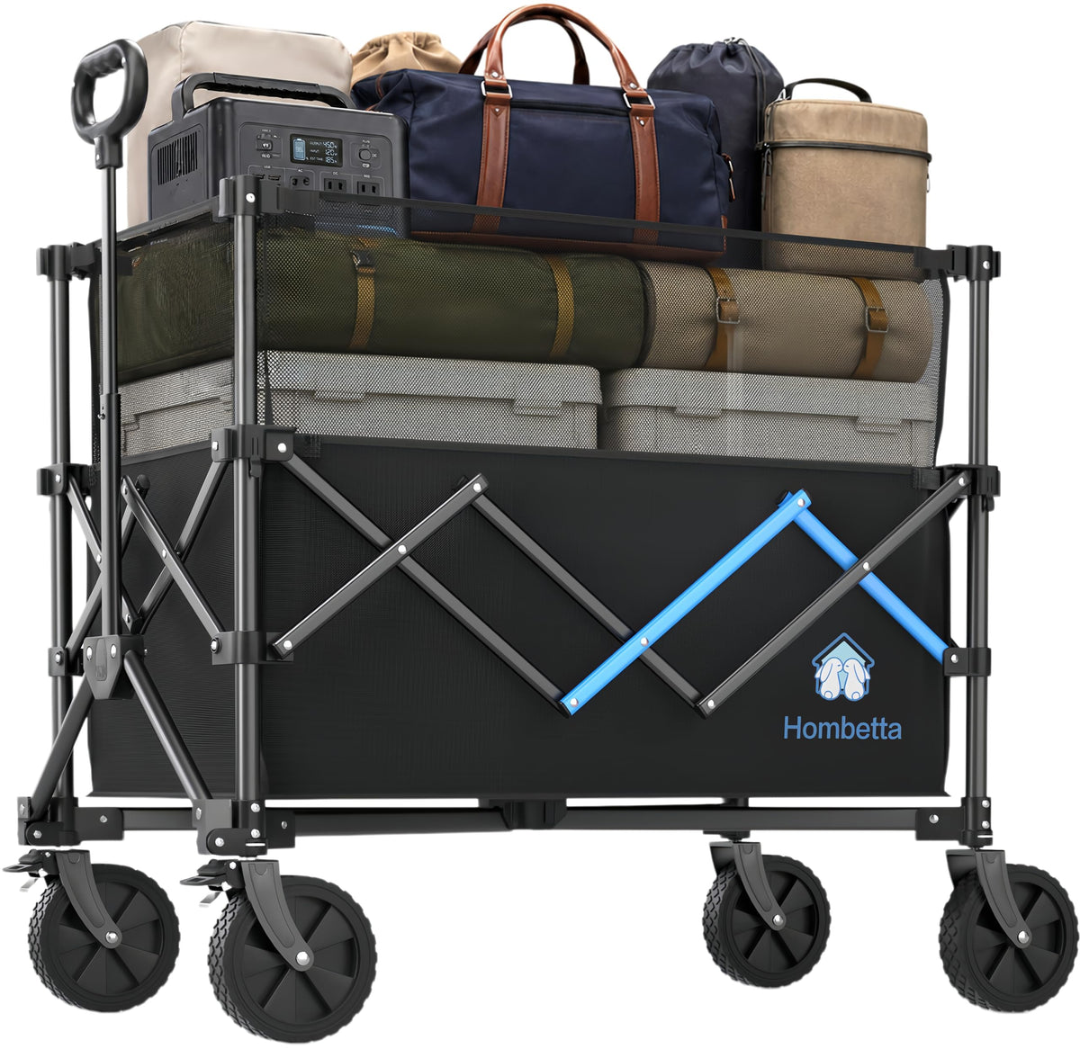 52" Heavy Duty Double Decker Wagon, 650L Collapsible Folding Wagon Cart with Brakes, 560 lbs Load, All-Terrain Big Wheels for Camping, Fishing, Sports and Transport, Black
