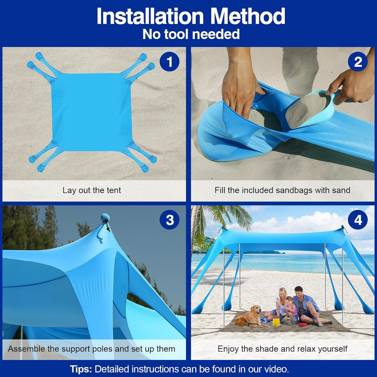 Rhino Valley 10 x 10 FT Beach Tent UPF50+ with 8 Sandbags 4 Poles, Sky Blue