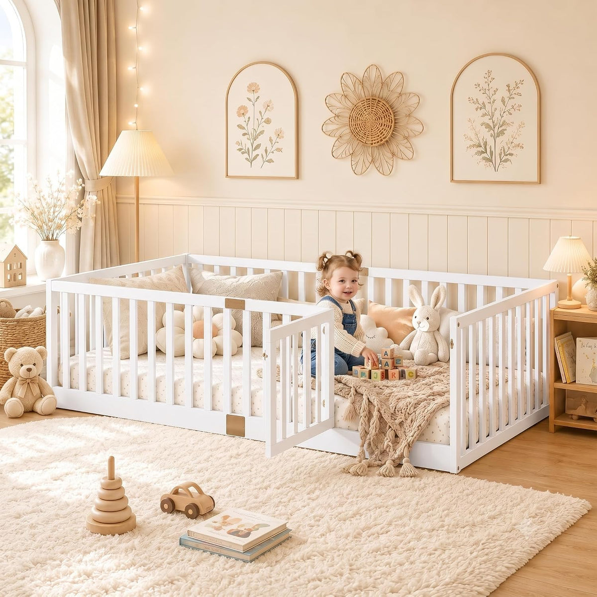 Twin Montessori Floor Bed with High Rails, Door & Slats for Kids, White