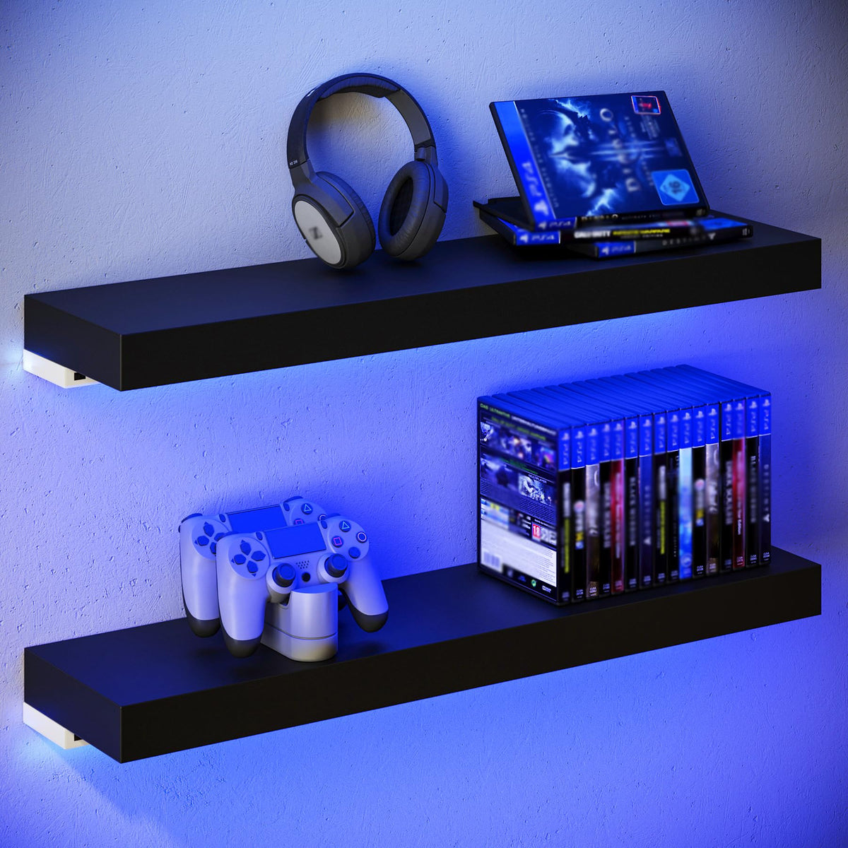 BAMEOS RGB LED Floating Shelves for Wall, 35" Wall Mounted Wooden Shelves with Invisible Brackets, Set of 2, Hanging Wall Shelves for Bedroom, Living Room, Kitchen, Study(Black)