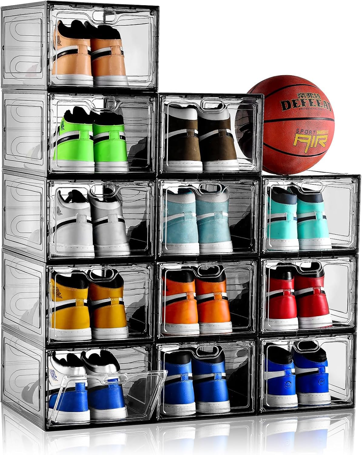 INSTY 12 Pack Large Shoe Storage Box, Clear Shoe Storage Organizer with Magnetic Door, Stackable,Shoe Containers For Display Sneakers, Easy Assembly, Fit up to US Size 12, Black